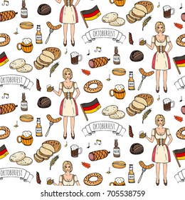 Seamless pattern with hand drawn doodle set of Oktoberfest icons. Vector illustration. Cartoon Bavarian elements. Sketchy October fest collection: Sausage, Barrels of Beer, Bread, Girl in costume