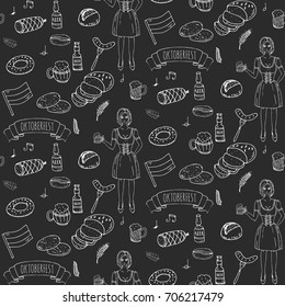 Seamless pattern with hand drawn doodle set of Oktoberfest icons. Vector illustration. Cartoon Bavarian elements. Sketchy October fest collection: Sausage, Barrels of Beer, Bread, Girl in costume