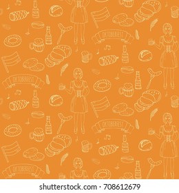 Seamless pattern with hand drawn doodle set of Oktoberfest icons. Vector illustration. Cartoon Bavarian elements. Sketchy October fest collection: Sausage, Barrels of Beer, Bread, Girl in costume