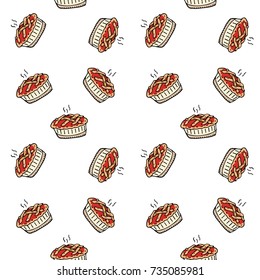 Seamless pattern with hand drawn doodle Thanksgiving icon - traditional lattice upper crust apple pie isolated on white background. Vector illustration. Shortcrust pastry with apple filling