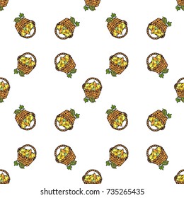 Seamless pattern with hand drawn doodle Harvest icon - basket full of apple on white Vector illustration. Thanksgiving traditional symbol of hospitality and autumn harvest. Grape with leaves and vine