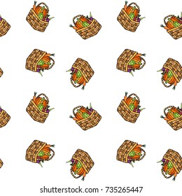 Seamless pattern with hand drawn doodle autumn vegetables basket Vector illustration thanksgiving harvest symbols. Cartoon seasonal elements: vegetables, pumpkin, carrot, cabbage, beetroot, eggplant.