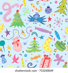 Seamless Pattern of Hand Drawn Doodle Winter Holiday Symbols. Colorful Children Drawings of  Fir Trees, Gifts, Candle, Sweets, Angel and Snowflakes. Vector illustration.