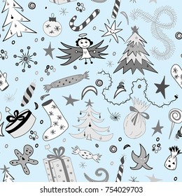 Seamless Pattern of Hand Drawn Doodle Winter Holiday Symbols. Children Drawings of  Fir Trees, Gifts, Candle, Sweets, Angel and Snowflakes. Vector illustration.