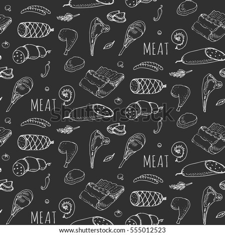 Seamless pattern Hand drawn doodle set of cartoon different kind of meat and poultry. Meat set Vector illustration Sketchy elements: Lamb Pork Ham Mince Chicken Steak Bacon Sausage Salami Delicatessen