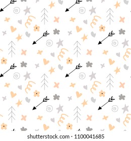 Seamless Pattern with hand drawn doodles elements arrows flowers hearts. In yellow white and black and gray color in Scandinavian style for kids.