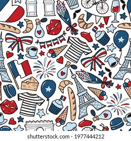 seamless pattern with hand drawn doodles for French holidays Bastille Day, Victory day, etc. Wallpaper, textile and fabric print, wrapping paper, packaging, background, scrapbooking, etc. EPS 10