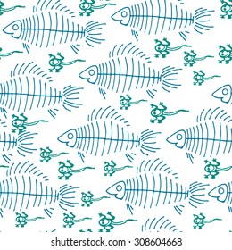 Seamless pattern with hand drawn doodles, fish skeletons and tadpoles. Vector illustration