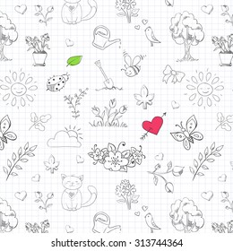 Seamless pattern with hand drawn doodles in copybook. Vector background.
