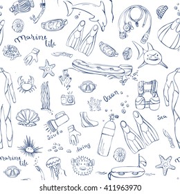 Seamless pattern with hand drawn doodles of scuba diving gear in blue and white colors.