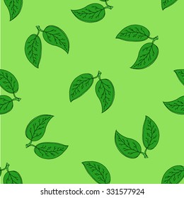 Seamless pattern hand drawn double leafs on green background. Vector illustration.
