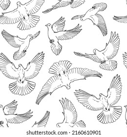 Seamless pattern with hand drawn dove outline. Line art style.