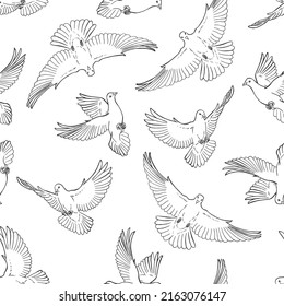 Seamless pattern with hand drawn dove outline. Line art style.