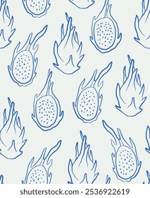 Patrón sin fisuras de frutas de dragón dibujadas a mano. Arte lineal. Ilustración vectorial.