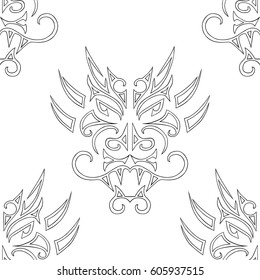 Seamless pattern with hand drawn dragon head stylized Maori face tattoo. Vector