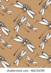 Seamless Pattern with Hand Drawn Dragonflies on Beige. Monochrome Insects Isolated on Beige Background. Vector Illustration.