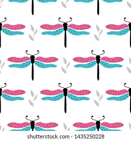 Seamless pattern with hand drawn dragonfly on a white background. Vector design for wrapping paper, textile. 