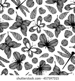 Seamless pattern with hand drawn dragonfly and butterflies icons in flat style.