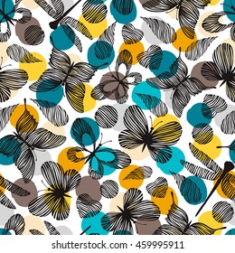 Seamless pattern with hand drawn dragonfly and butterflies icons in flat style. Vector background.