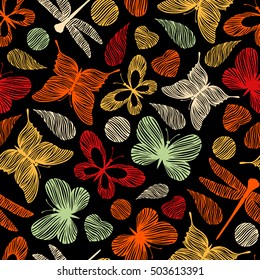Seamless pattern with hand drawn dragonfly and butterflies. Vector background.