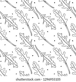 Seamless pattern with hand drawn drawing of ruccola.  linear art of arugula. Poster with healthy vegetarian food. Art can be used for cafe restaurant menu design.