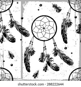 Seamless pattern with hand drawn dream catchers and feathers 