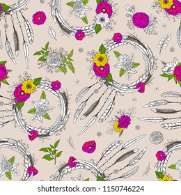 Seamless pattern with hand drawn dreamcatchers and flowers. Boho style. Pattern for textile, packaging, greeting card, invitation. Bohemian  talisman. American native tribe amulet. Vector illustration