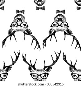 Seamless  pattern with hand drawn dressed up deer  in hipster style