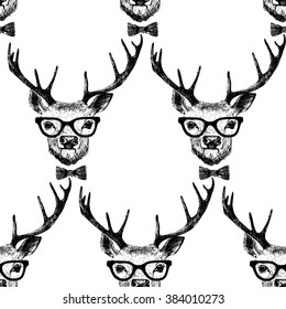 Seamless  pattern with hand drawn dressed up deer  in hipster style