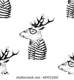 Seamless pattern with hand drawn dressed up deer in hipster style