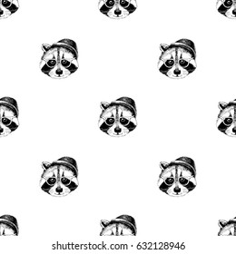 Seamless pattern with hand drawn dressed up raccoons hipsters. Vector illustration