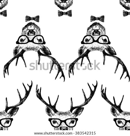 Seamless  pattern with hand drawn dressed up deer  in hipster style