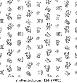 Seamless pattern hand drawn drug bottle and tablets doodle. Sketch style icon. Decoration element. Isolated on white background. Flat design. Vector illustration.