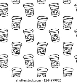 Seamless pattern hand drawn drug bottle and tablets doodle. Sketch style icon. Decoration element. Isolated on white background. Flat design. Vector illustration.