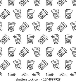 Seamless pattern hand drawn drug bottle and tablets doodle. Sketch style icon. Decoration element. Isolated on white background. Flat design. Vector illustration.