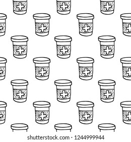 Seamless pattern hand drawn drug bottle and tablets doodle. Sketch style icon. Decoration element. Isolated on white background. Flat design. Vector illustration.