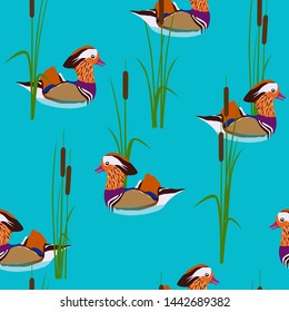 Seamless pattern with hand drawn ducks and reed