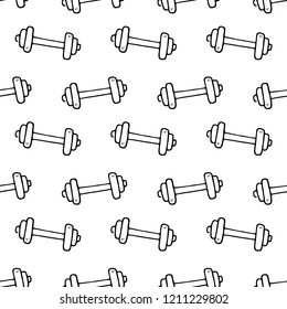Seamless pattern hand drawn dumbbell. Doodle black sketch. Sign symbol. Decoration element. Isolated on white background. Flat design. Vector illustration.