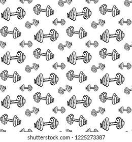 Seamless pattern hand drawn dumbbell. Doodle black sketch. Sign symbol. Decoration element. Isolated on white background. Flat design. Vector illustration.