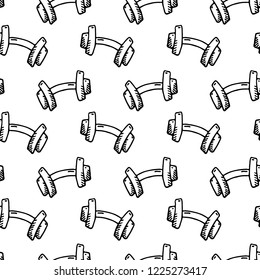 Seamless pattern hand drawn dumbbell. Doodle black sketch. Sign symbol. Decoration element. Isolated on white background. Flat design. Vector illustration.