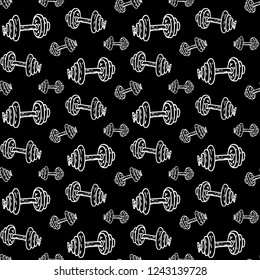 Seamless pattern hand drawn dumbbell. Doodle black sketch. Sign symbol. Decoration element. Isolated on black background. Flat design. Vector illustration.