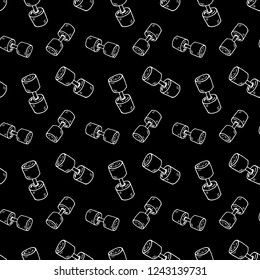 Seamless pattern hand drawn dumbbell. Doodle black sketch. Sign symbol. Decoration element. Isolated on black background. Flat design. Vector illustration.