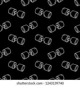 Seamless pattern hand drawn dumbbell. Doodle black sketch. Sign symbol. Decoration element. Isolated on black background. Flat design. Vector illustration.