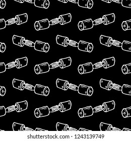 Seamless pattern hand drawn dumbbell. Doodle black sketch. Sign symbol. Decoration element. Isolated on black background. Flat design. Vector illustration.