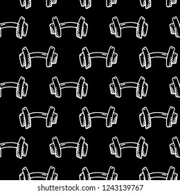 Seamless pattern hand drawn dumbbell. Doodle black sketch. Sign symbol. Decoration element. Isolated on black background. Flat design. Vector illustration.