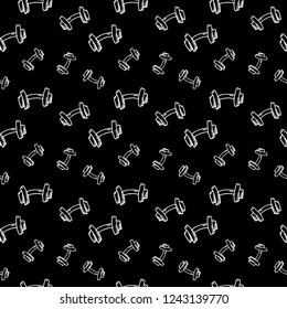 Seamless pattern hand drawn dumbbell. Doodle black sketch. Sign symbol. Decoration element. Isolated on black background. Flat design. Vector illustration.