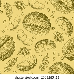 Seamless pattern with hand drawn durian fruit harvest elements. Whole and cut durians, leaves, seeds, flowers.