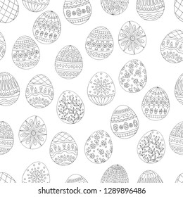 Seamless pattern with hand drawn easter eggs doodles, for coloring books