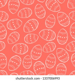 Seamless pattern with hand drawn Easter eggs on a live coral background. Vector illustration