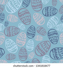 Seamless pattern with hand drawn Easter eggs on a blue background. Vector illustration